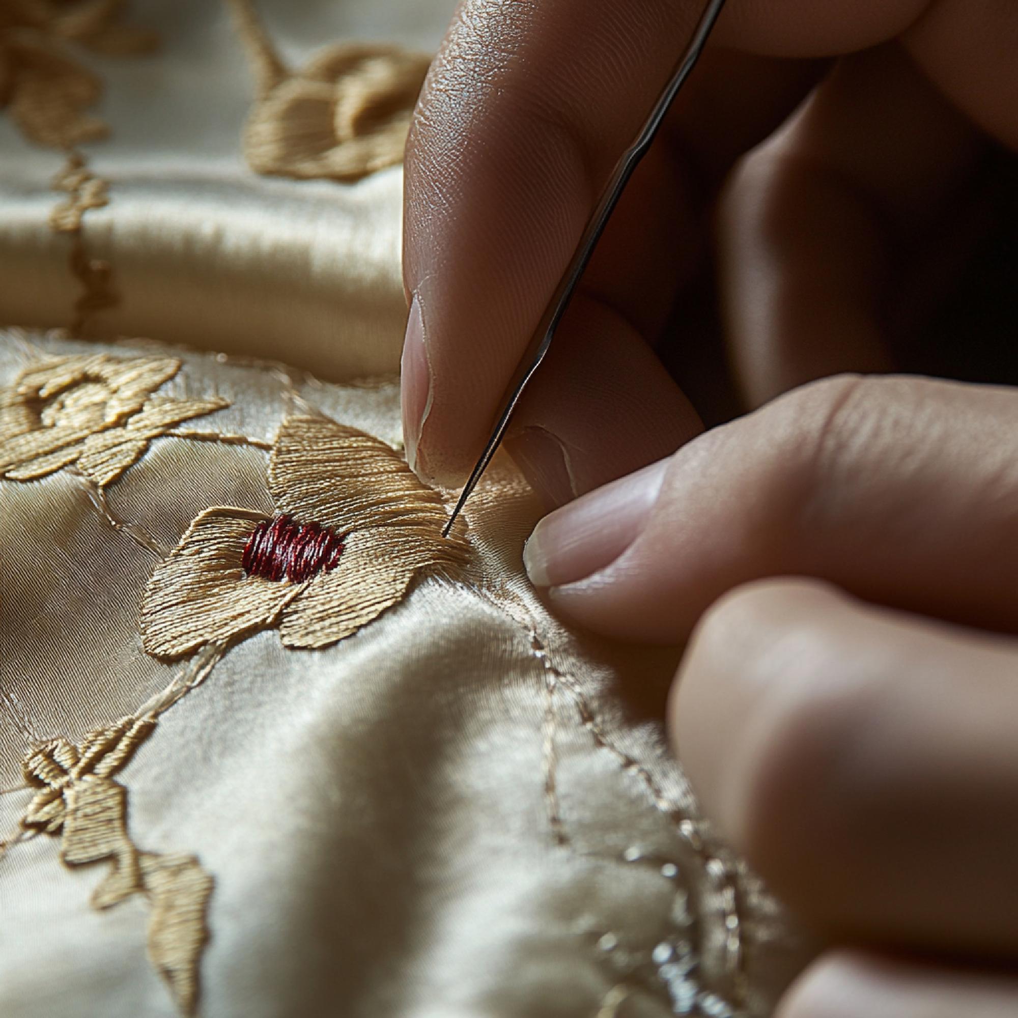 Close-up of luxury hand embroidery with gold thread